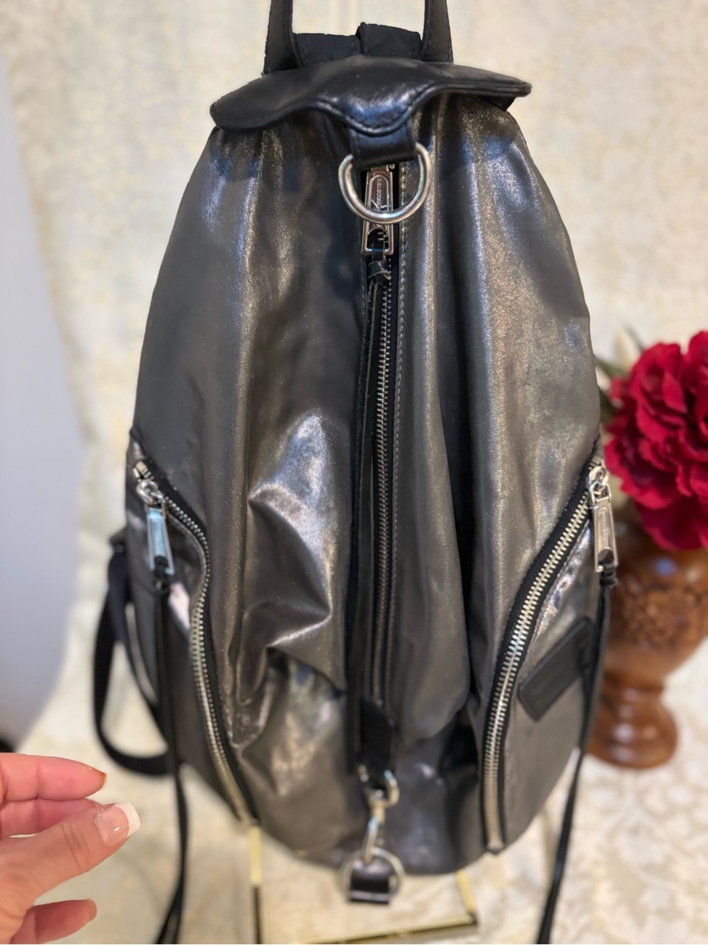 Rebecca Minkoff Julian Metallic Nylon Backpack with Silver Hardware
